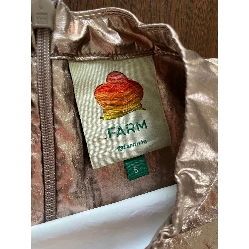Farm Rio Metallic Blouse Womens S Bronze Rose Gold Puff Sleeve Glam Party Top